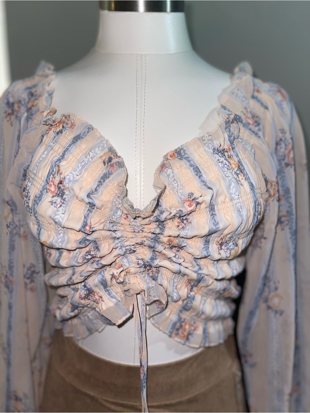 Smocked Ruffle Floral Peasant Top in Blush and Blue